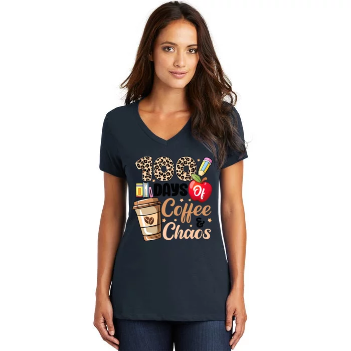 100 Days Of Coffee And Chaos Leopard Teacher Women's V-Neck T-Shirt