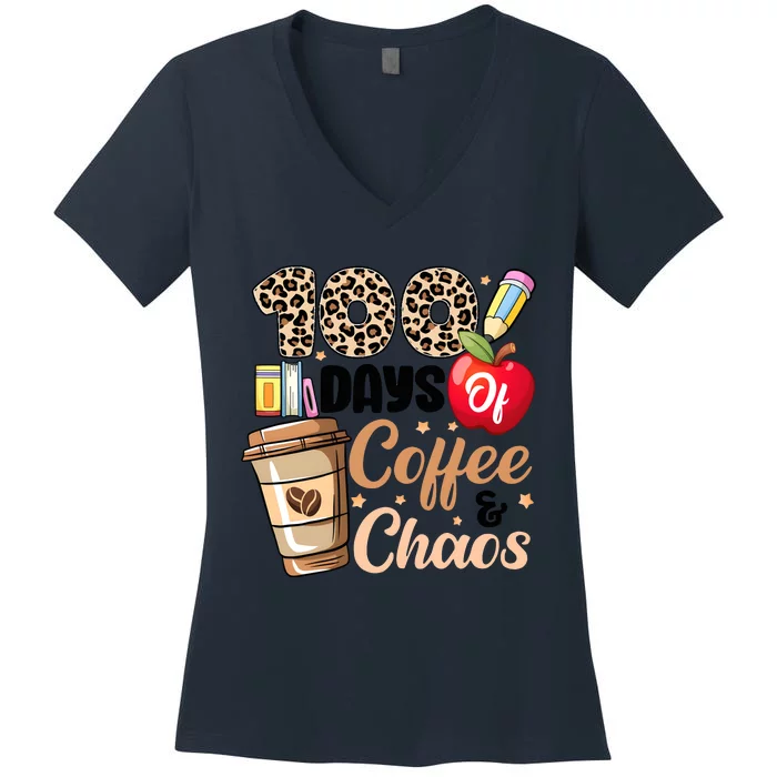 100 Days Of Coffee And Chaos Leopard Teacher Women's V-Neck T-Shirt