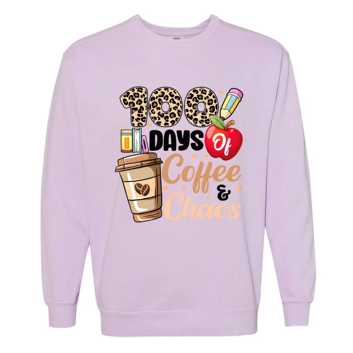 100 Days Of Coffee And Chaos Leopard Teacher Garment-Dyed Sweatshirt