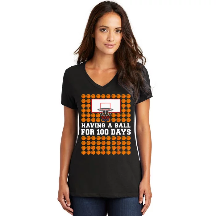 100 Days Of School Basketball 100th Day Balls Women's V-Neck T-Shirt