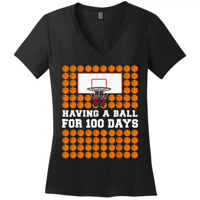 100 Days Of School Basketball 100th Day Balls Women's V-Neck T-Shirt