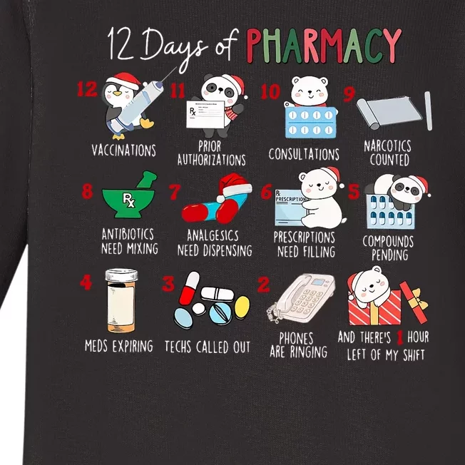 12 Days Of Pharmacy Christmas Pharmacist Tech Medication Baby Long Sleeve Bodysuit