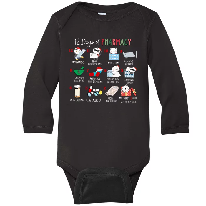 12 Days Of Pharmacy Christmas Pharmacist Tech Medication Baby Long Sleeve Bodysuit