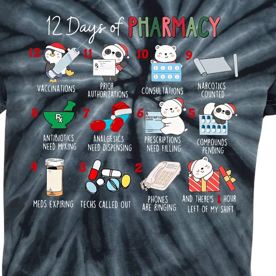 12 Days Of Pharmacy Christmas Pharmacist Tech Medication Kids Tie-Dye T-Shirt