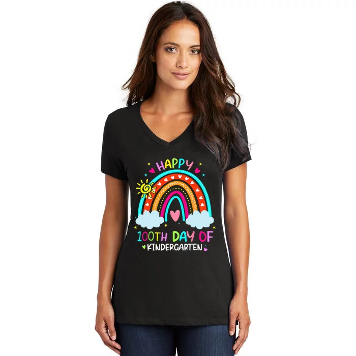 100th Day Of Kindergarten School Rainbow 100 Days Smarter Women's V-Neck T-Shirt