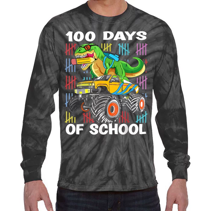 100th Day Of School 100 Days School Truck Dinosaur Tie-Dye Long Sleeve Shirt