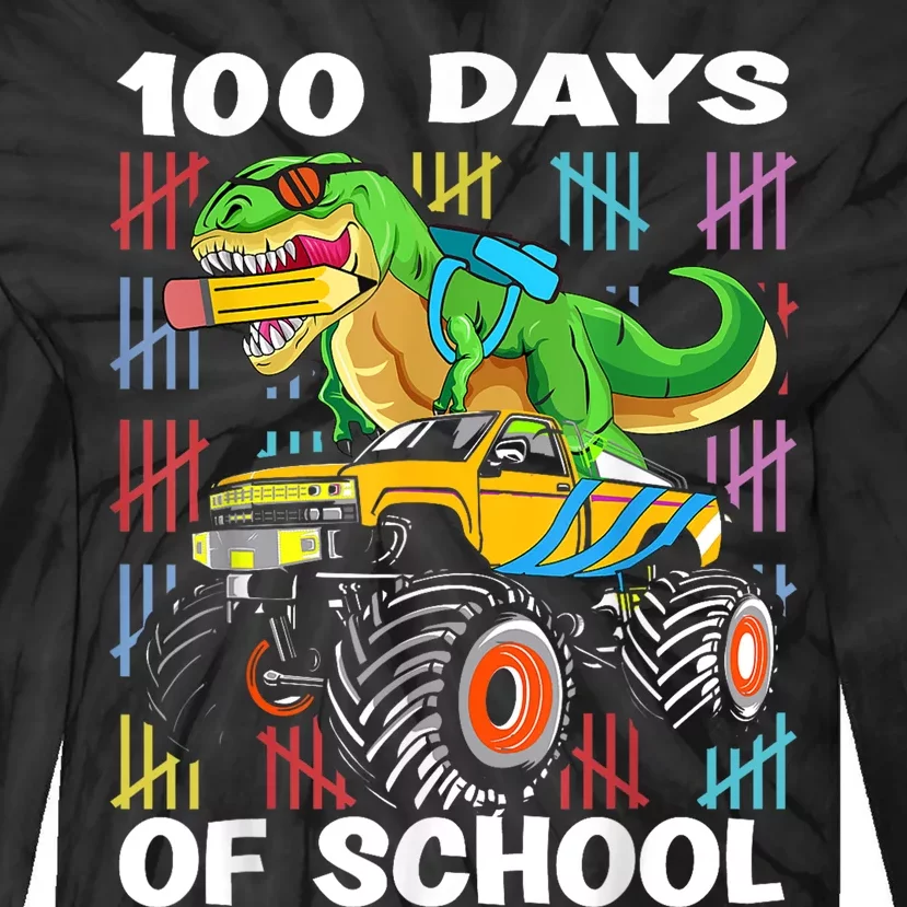 100th Day Of School 100 Days School Truck Dinosaur Tie-Dye Long Sleeve Shirt