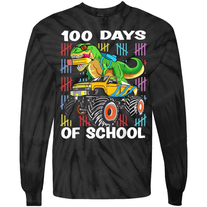 100th Day Of School 100 Days School Truck Dinosaur Tie-Dye Long Sleeve Shirt