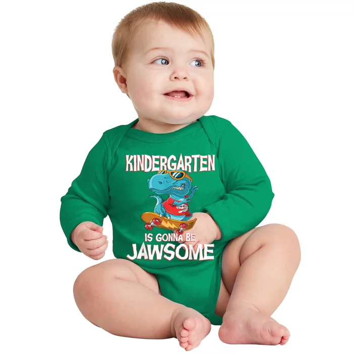 1st Day Of Kindergarten Is Gonna Be Jawsome Dinosaur Boy Baby Long Sleeve Bodysuit