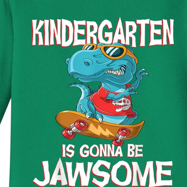 1st Day Of Kindergarten Is Gonna Be Jawsome Dinosaur Boy Baby Long Sleeve Bodysuit