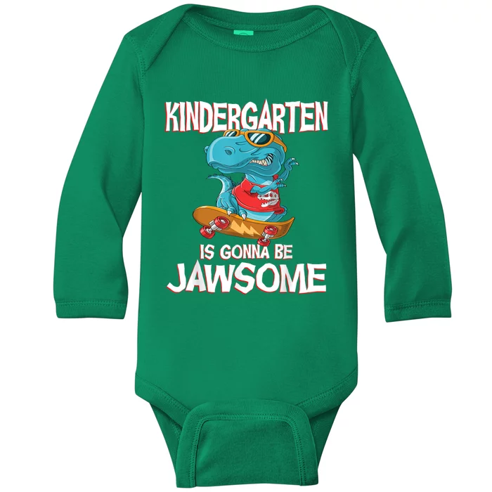 1st Day Of Kindergarten Is Gonna Be Jawsome Dinosaur Boy Baby Long Sleeve Bodysuit