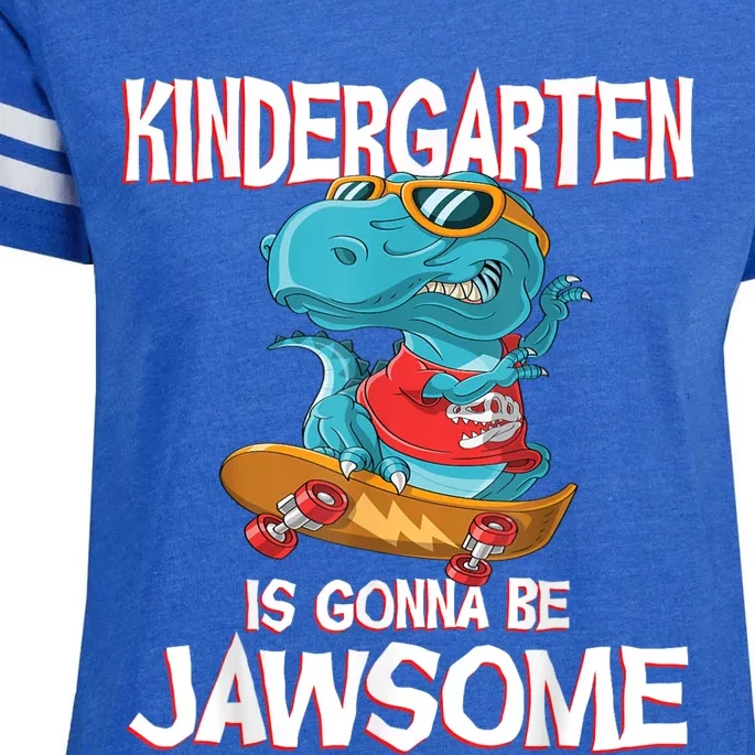 1st Day Of Kindergarten Is Gonna Be Jawsome Dinosaur Boy Enza Ladies Jersey Football T-Shirt