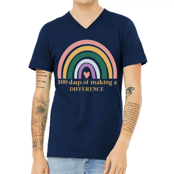 100 Days Of Making A Difference School Rainbow V-Neck T-Shirt