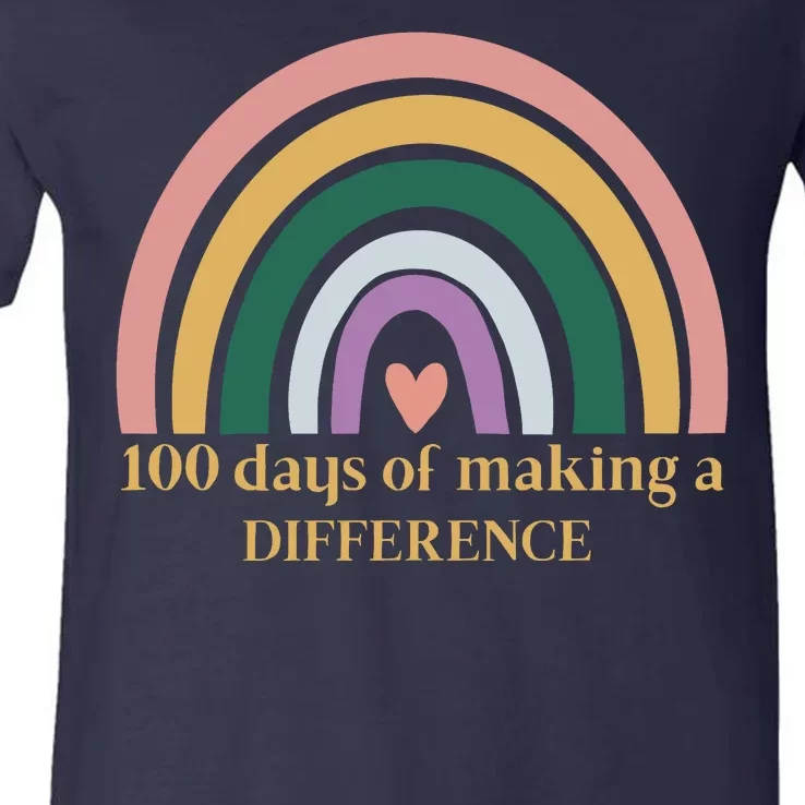 100 Days Of Making A Difference School Rainbow V-Neck T-Shirt