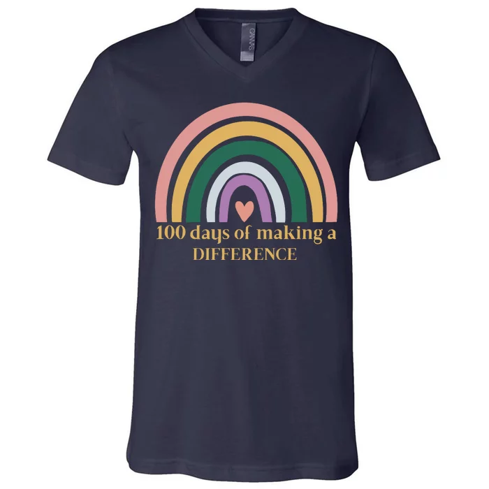 100 Days Of Making A Difference School Rainbow V-Neck T-Shirt