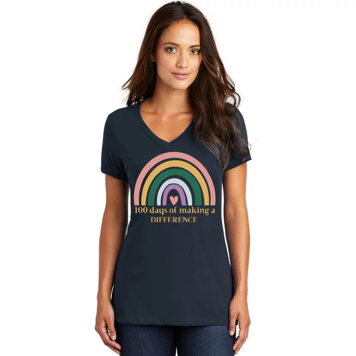 100 Days Of Making A Difference School Rainbow Women's V-Neck T-Shirt