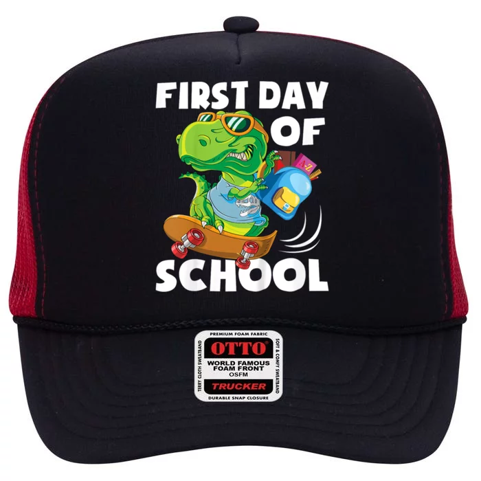 1st Day Of Kindergarten Is Gonna Be Jawsome Dinosaur Boy High Crown Mesh Trucker Hat