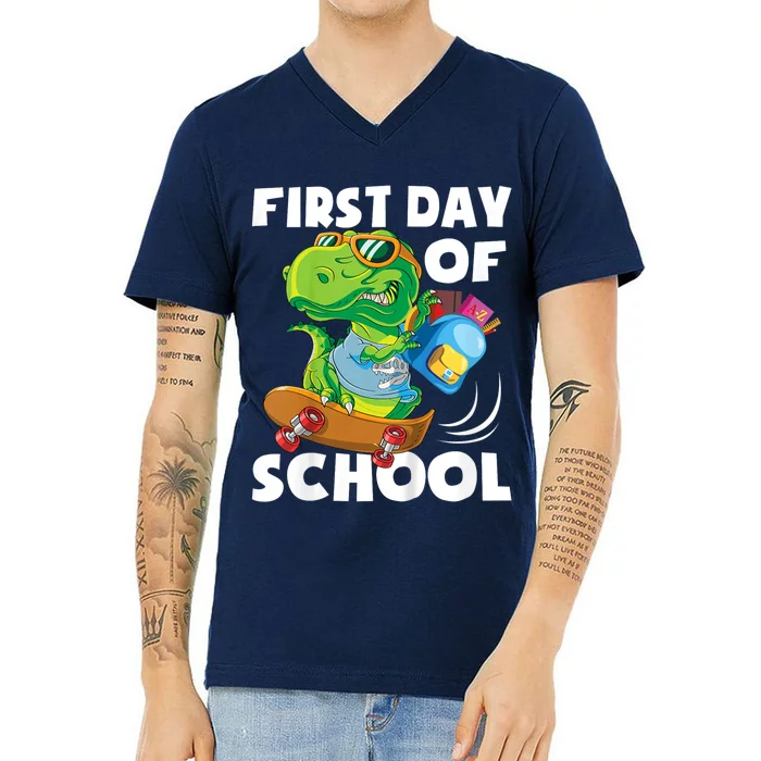 1st Day Of Kindergarten Is Gonna Be Jawsome Dinosaur Boy V-Neck T-Shirt