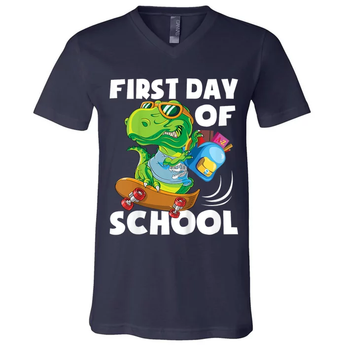 1st Day Of Kindergarten Is Gonna Be Jawsome Dinosaur Boy V-Neck T-Shirt