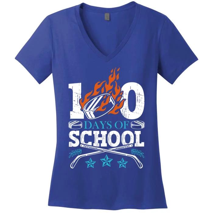 100 Days Of School Ice Hockey Game Sports Athletic Player Meaningful Gift Women's V-Neck T-Shirt