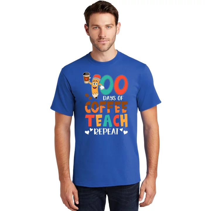 100 Days Of Coffee Teach Repeat 100th Day School Teacher Gift Tall T-Shirt