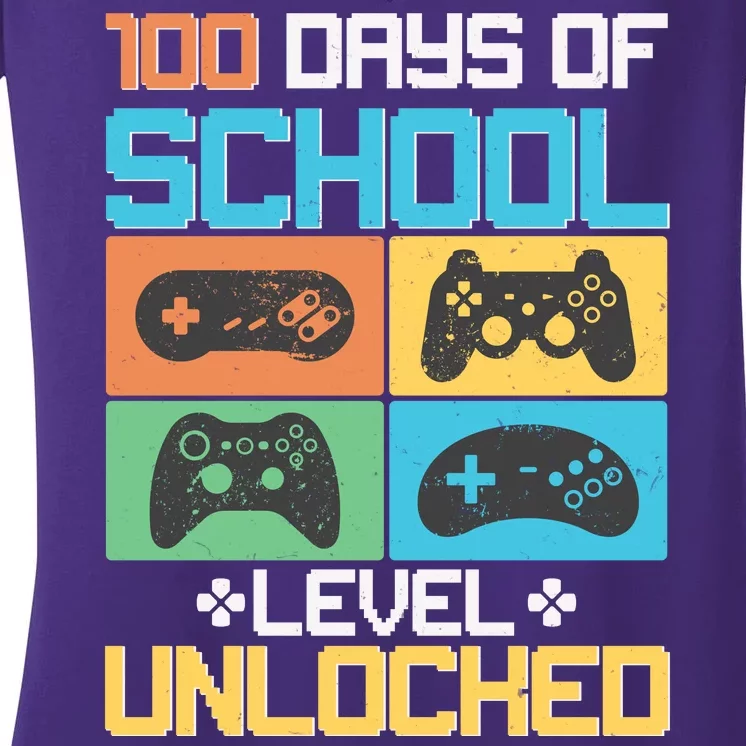 100 Days Of School Level Unlocked Video Game Fan Women's V-Neck T-Shirt