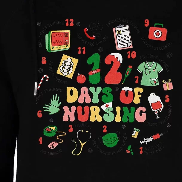 12 Days Of Nursing Christmas Rn Icu Er Nurse Crew Holiday Womens Funnel Neck Pullover Hood