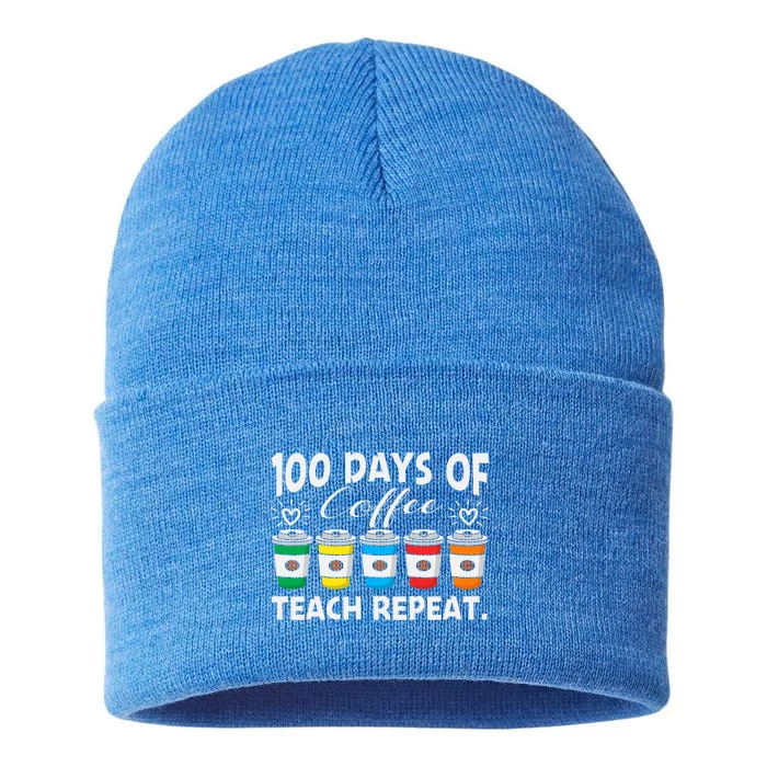 100 Days Of Coffee Teach Repeat Gift Sustainable Knit Beanie