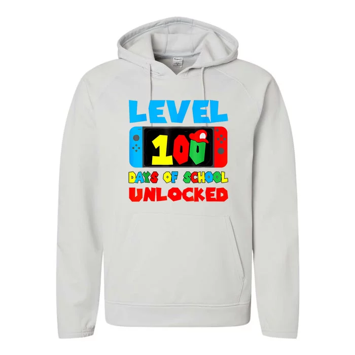 100 Days Of School Boy 100th Day Of School Level Unlocked Performance Fleece Hoodie