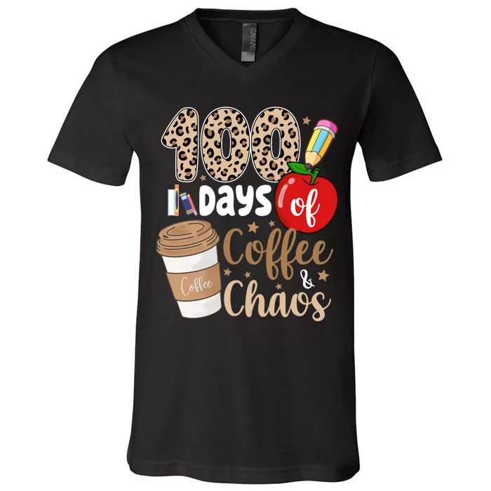 100 Days Of Coffee And Chaos Teacher V-Neck T-Shirt