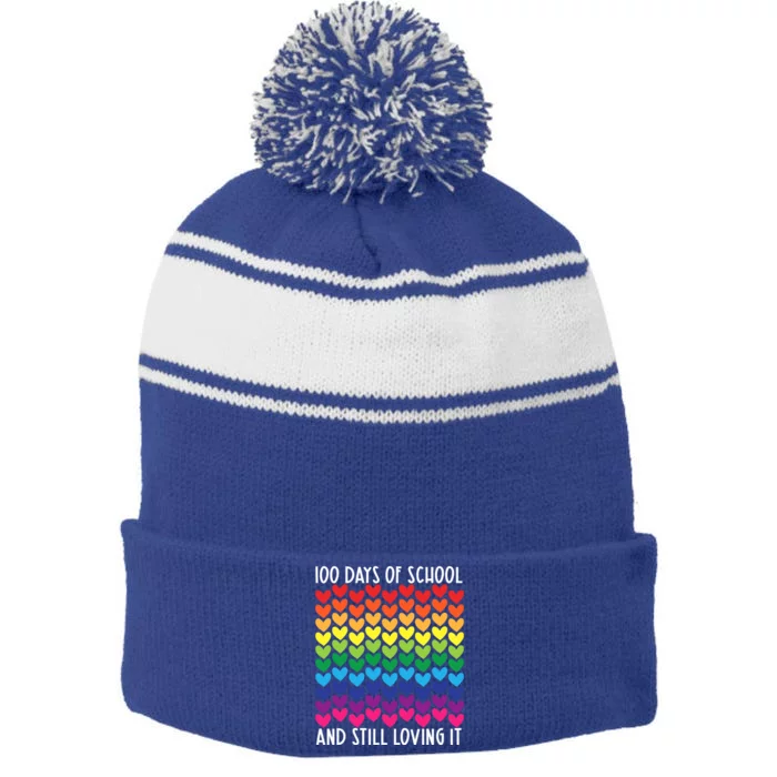 100 Days Of School And Still Loving It Heart Happy 100th Day Gift Stripe Pom Pom Beanie