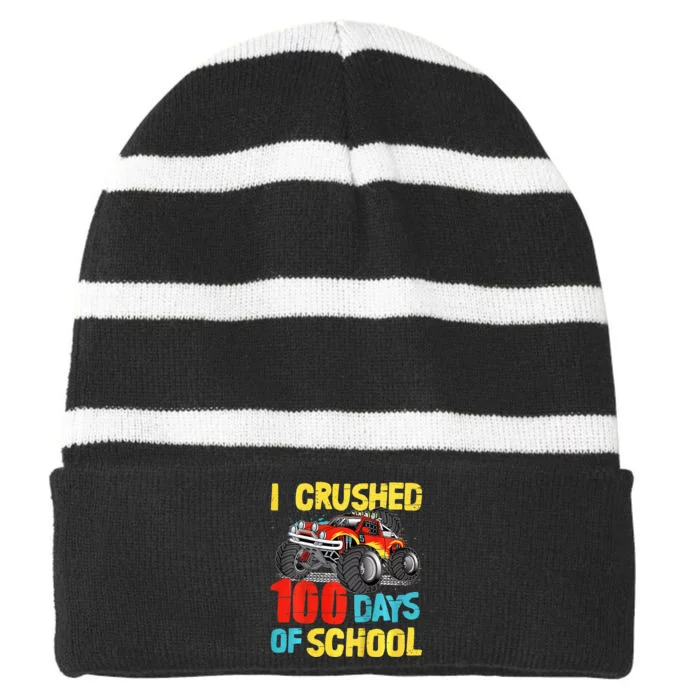 100 Days Of School For Monster Truck Striped Beanie with Solid Band