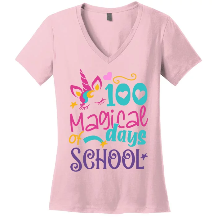 100th Day Of School Unicorn 100 Magical Days Teacher Girls Women's V-Neck T-Shirt