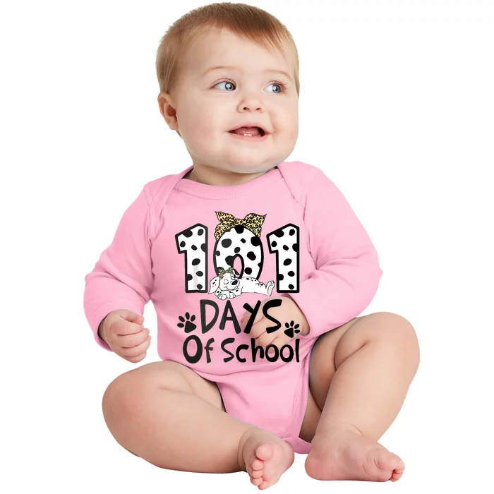 100th Day Of School 101 Days Smarter Funny Dalmatian Baby Long Sleeve Bodysuit