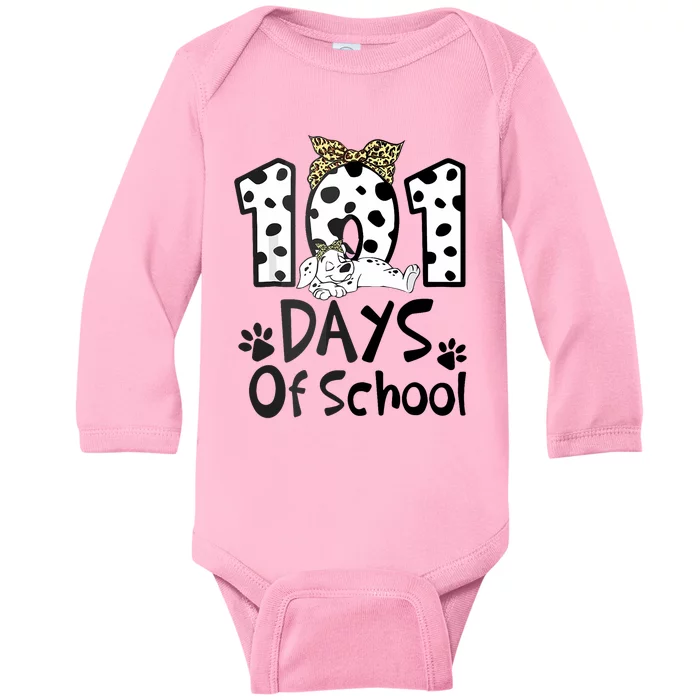 100th Day Of School 101 Days Smarter Funny Dalmatian Baby Long Sleeve Bodysuit