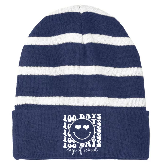 100 Days Of School Retro Smiley Heart Striped Beanie with Solid Band