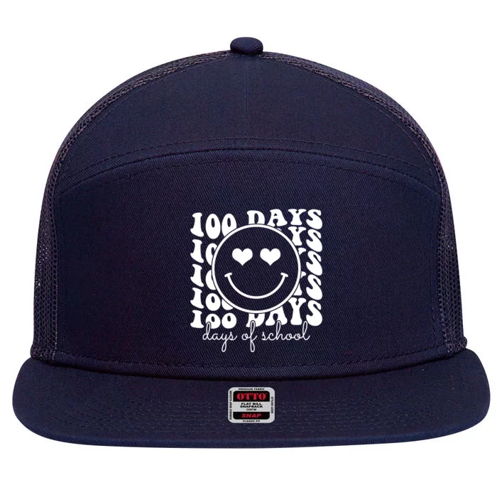 100 Days Of School Retro Smiley Heart 7 Panel Mesh Trucker Snapback Hat