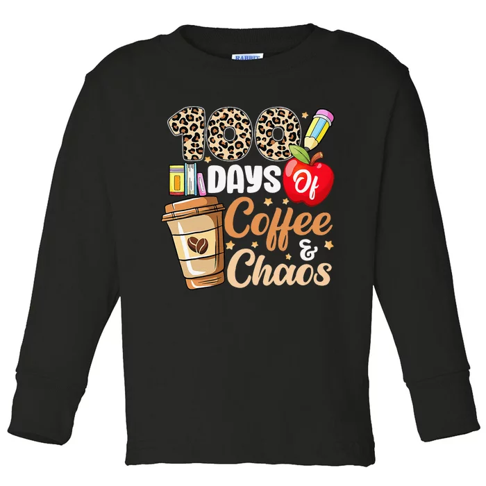 100 Days Of Coffee And Chaos 100th Day Of School Leopard Toddler Long Sleeve Shirt