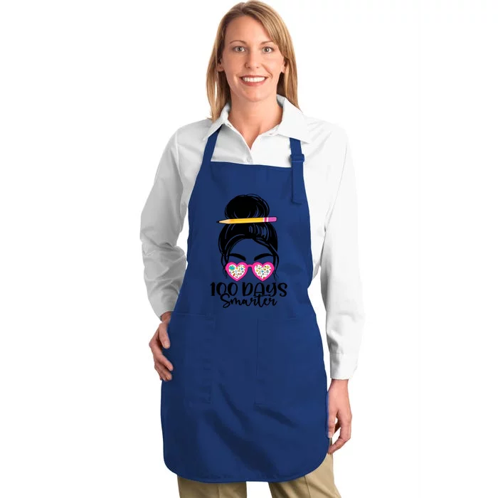 100th Day Of School Meaningful Gift 100 Days Smarter Messy Bun Hair Great Gift Full-Length Apron With Pocket