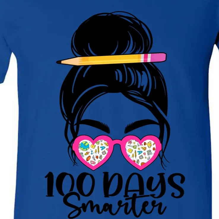 100th Day Of School Meaningful Gift 100 Days Smarter Messy Bun Hair Great Gift V-Neck T-Shirt