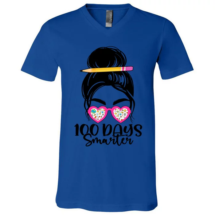 100th Day Of School Meaningful Gift 100 Days Smarter Messy Bun Hair Great Gift V-Neck T-Shirt