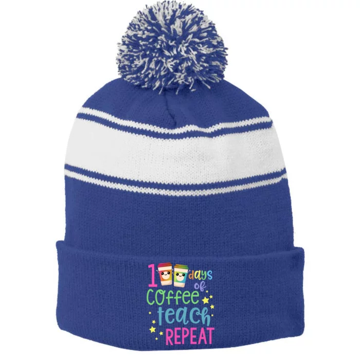 100 Days Of Coffee Teach Repeatfunny Gift 100th Day Of School Teacher Gift Stripe Pom Pom Beanie