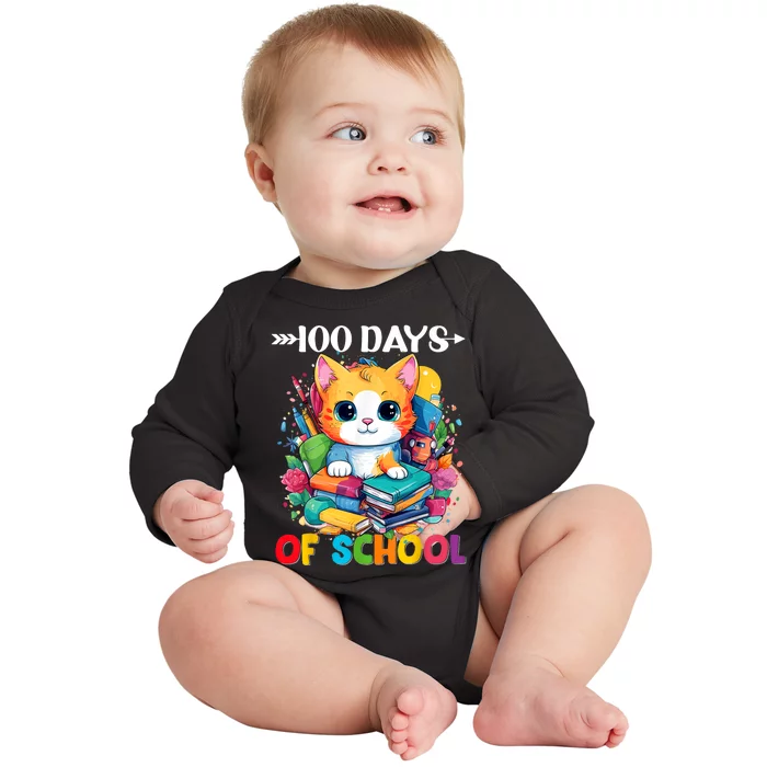 100th Day Of School Cute Cat Kitty Gifts 100 Days Smarter Baby Long Sleeve Bodysuit