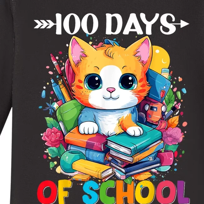 100th Day Of School Cute Cat Kitty Gifts 100 Days Smarter Baby Long Sleeve Bodysuit