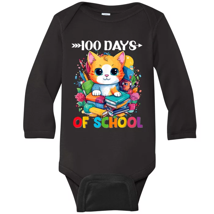 100th Day Of School Cute Cat Kitty Gifts 100 Days Smarter Baby Long Sleeve Bodysuit