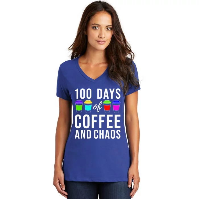 100 Days Of Coffee And Chaos Funny 100th Day School Teacher Gift Women's V-Neck T-Shirt