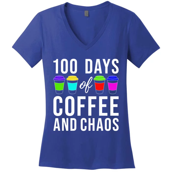 100 Days Of Coffee And Chaos Funny 100th Day School Teacher Gift Women's V-Neck T-Shirt