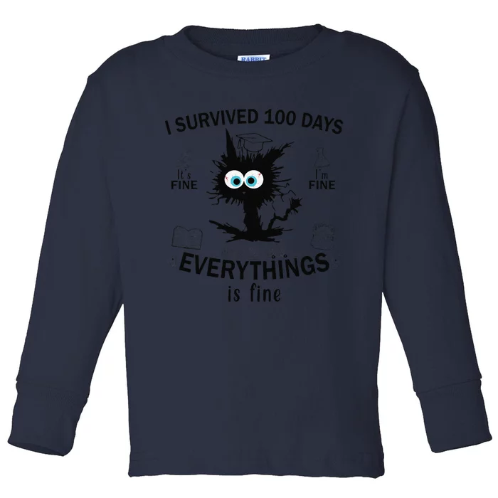 100 Days Of School Cat Survived 100 Days 100th Day Of School Toddler Long Sleeve Shirt