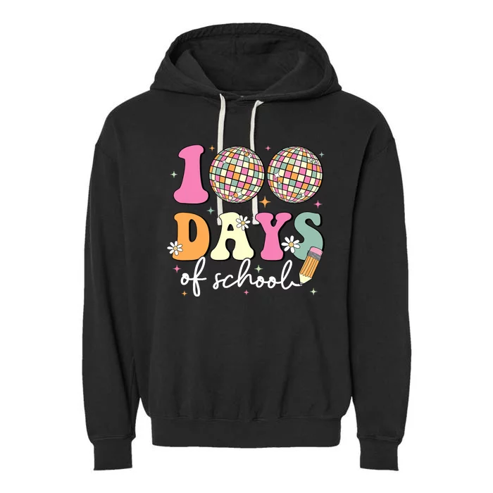 100 Days Of School Teachers Retro Disco 100th Day Of School Garment-Dyed Fleece Hoodie