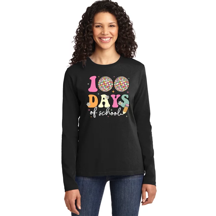 100 Days Of School Teachers Retro Disco 100th Day Of School Ladies Long Sleeve Shirt